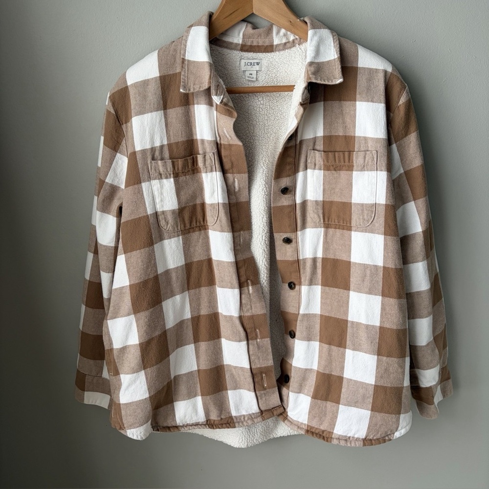 J. Crew Tan and White Plaid Fleece Jacket Size M